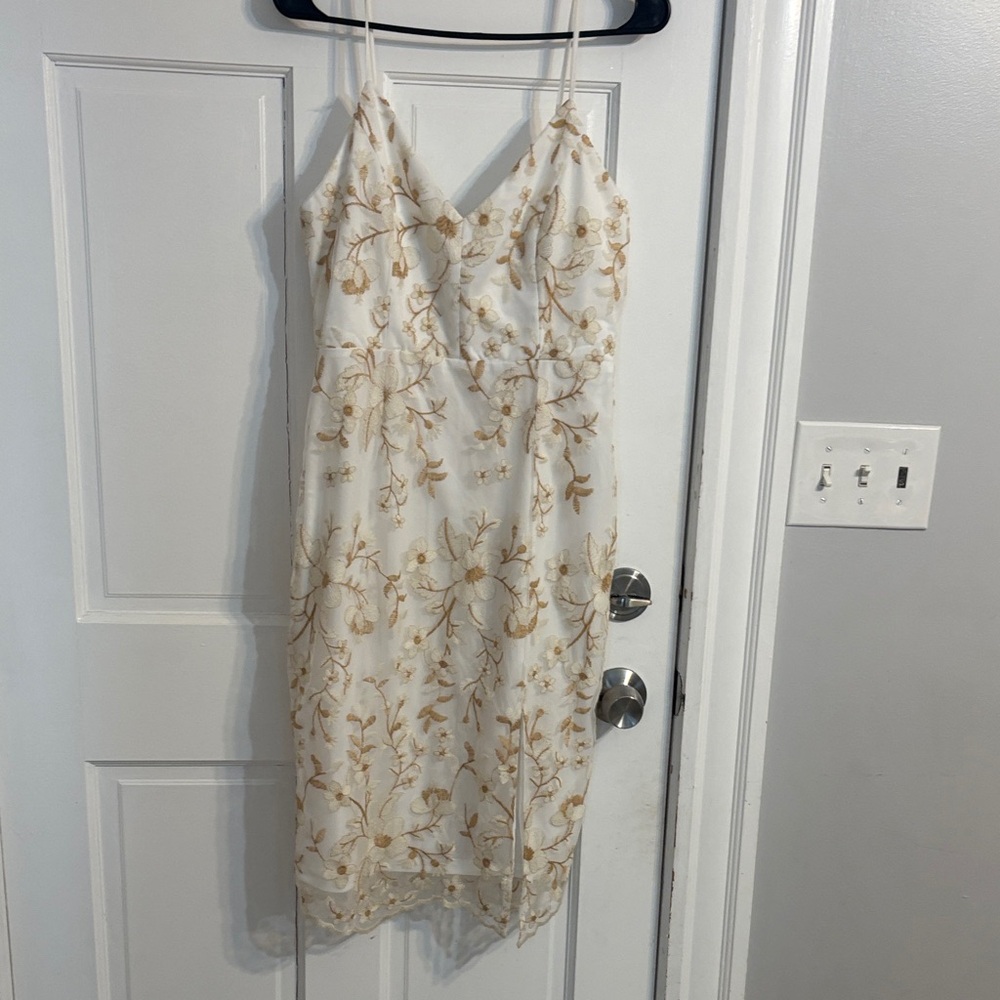 Ivory Slip Dress with Gold Floral Embroidery